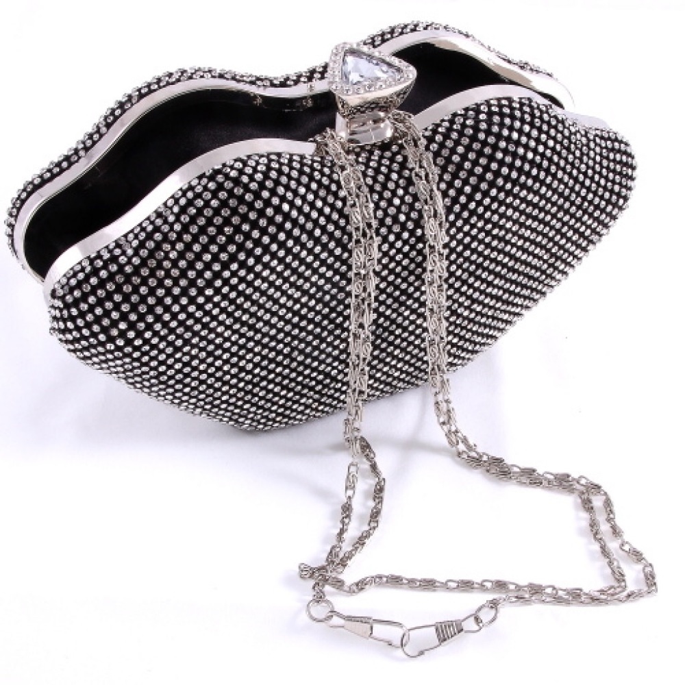 Large Silver Black Lip Rhinestone Clutch - Picture 2 of 2
